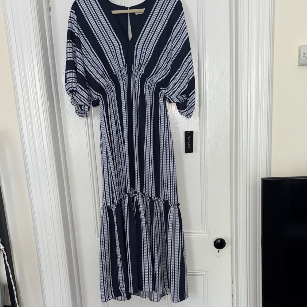 Taylor Navy and White Striped Maxi Dress